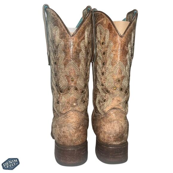 Corral Boots Women’s Metalic Cognac Stitching & Studs Square Toe Western Boots - Picture 10 of 16